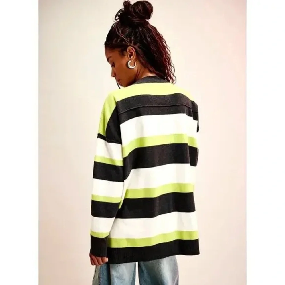 NWT Free People A League of Her Own Striped Cardigan in Carbon Lime, M - Picture 3 of 12